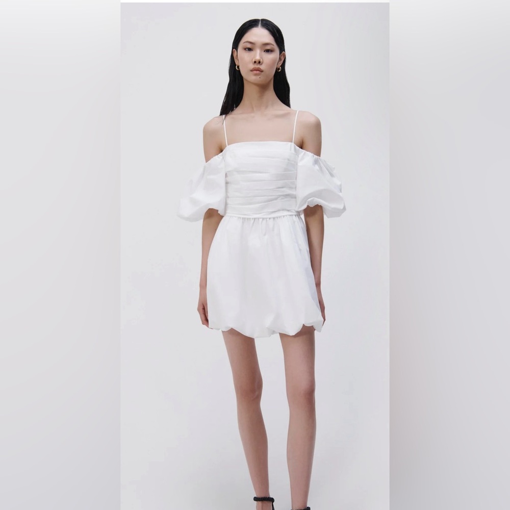 SIMKHAI Sanam Mini Bubble Dress, WHITE  off shoulder, size 0 style 223-1129